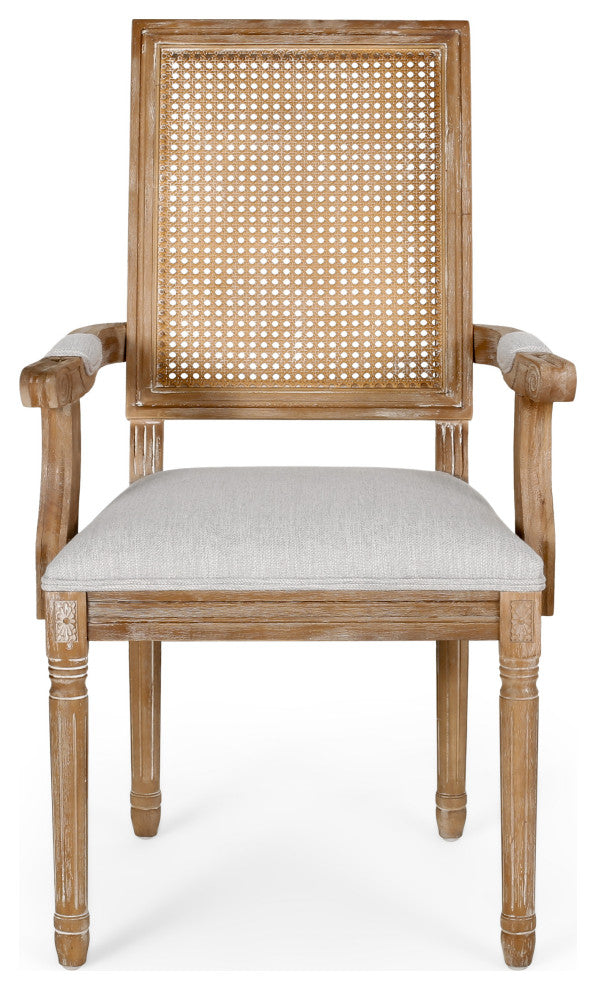 Regan Fabric Upholstered Wood and Cane Expandable 7-Piece Dining Set, Natural Brown/Light Gray