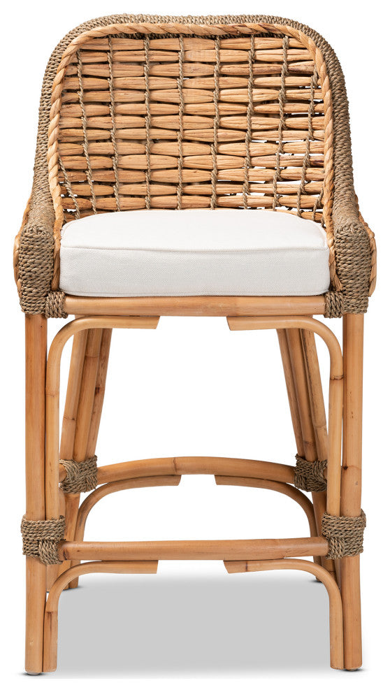 Kyle Modern Bohemian Natural Brown Woven Rattan Counter Stool with Cushion