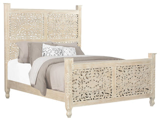 Delaney Floral Carved Bed, Sand White, Queen