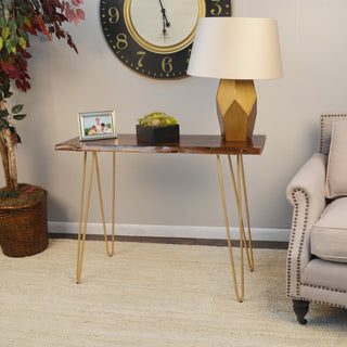 Seti Live Edge Console Table, Elm and Gold