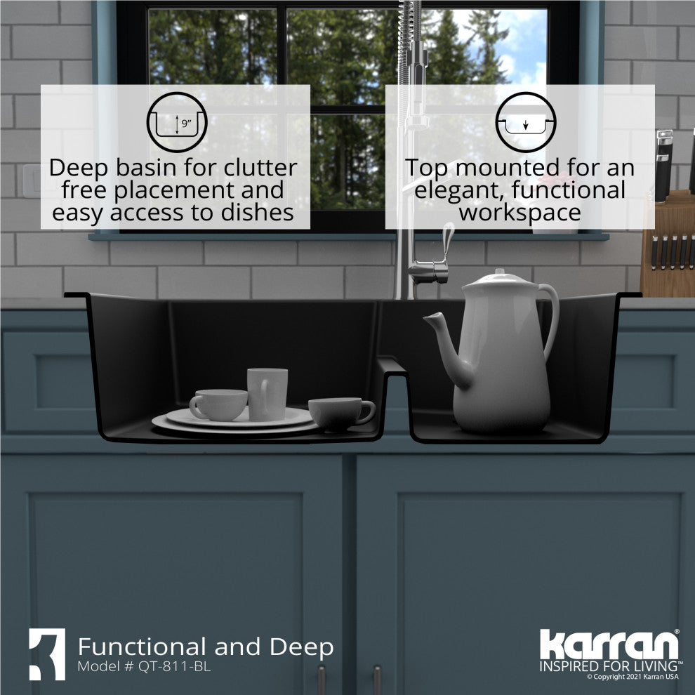 Karran 33" Top Mount Double Bowl 60/40 Quartz Kitchen Sink Kit, Black