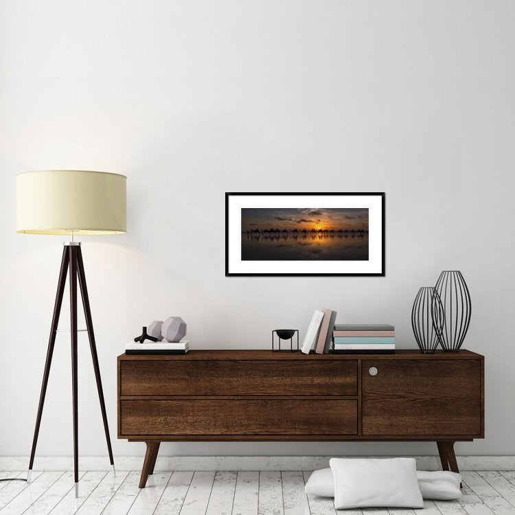 "Sunset Camel Safari" Framed Digital Print by Louise Wolbers, 38"x20"