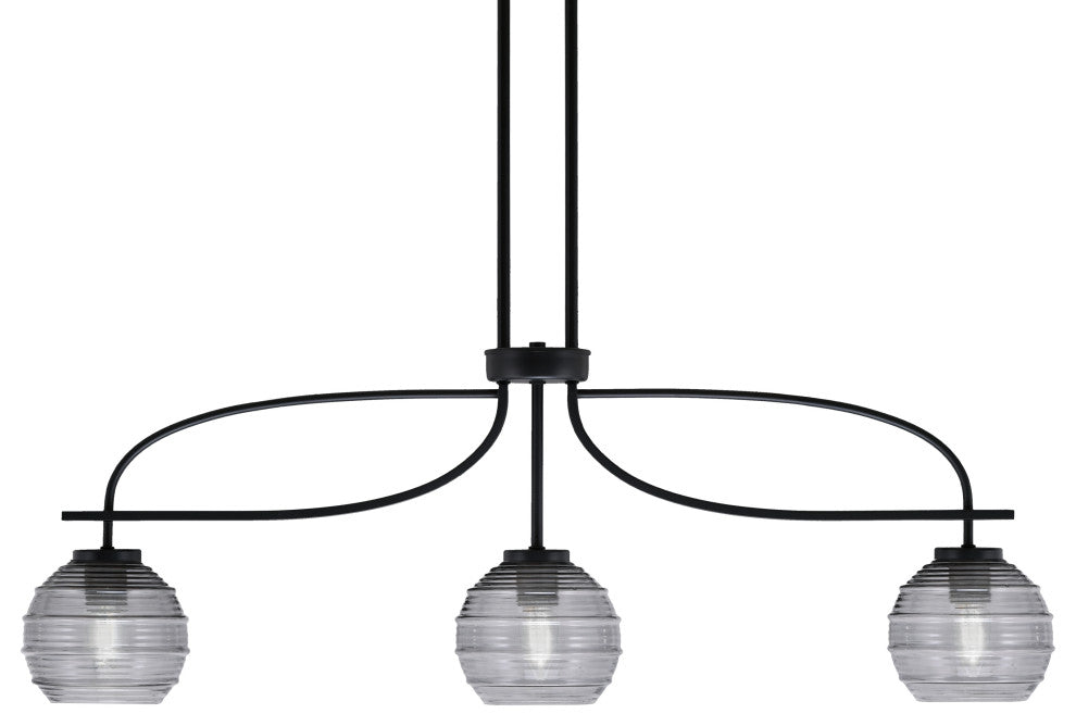 Cavella 3 Light Island Light, Matte Black Finish, 6" Smoke Ribbed Glass