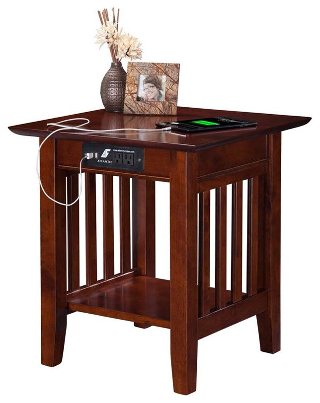 AFI Mission Solid Wood End Table with Built in Device Charger in Brown Walnut