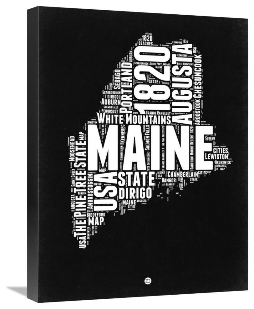 "Maine Black and White Map" Fine Art Print