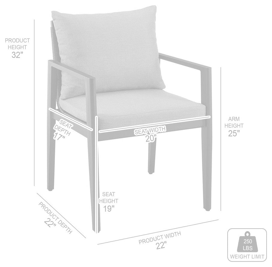 Outdoor Patio Dining Chairs with Arms in Aluminum with Gray Cushions - Set of 2
