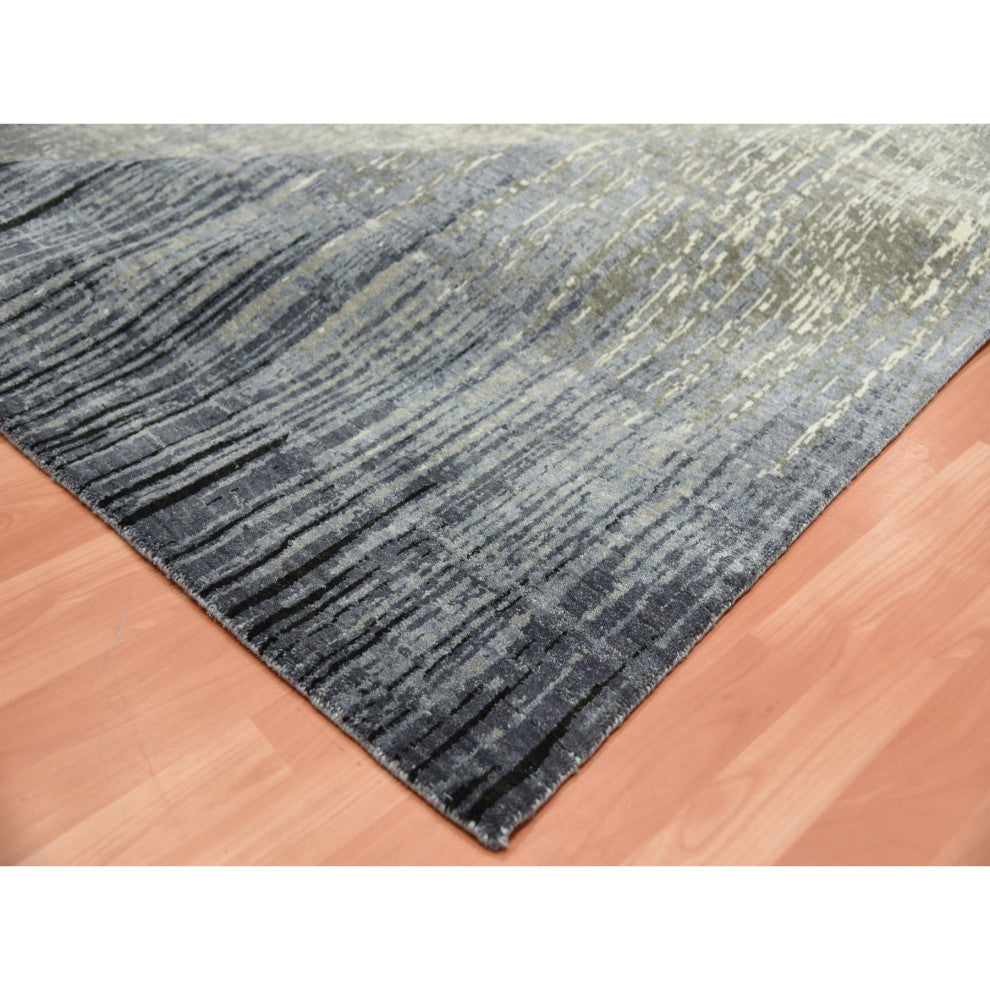 Blue/Gray Hand Knotted Modern Ombre Design Pure Wool Square Rug, 8'0"x8'4"