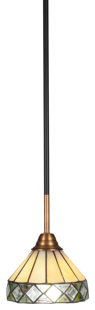 Paramount 1-Light Mini Pendant, Matte Black & Brass, 7" Diamond Peak Art Glass