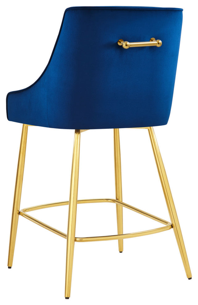 Counter Stool Chair, Set of 2, Blue Navy, Velvet, Modern, Mid Century Lounge