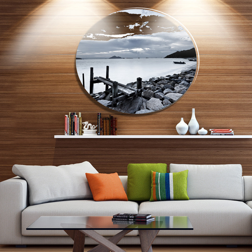 Small Sea Bridge From Rocky Beach, Landscape Disc Metal Wall Art, 23"