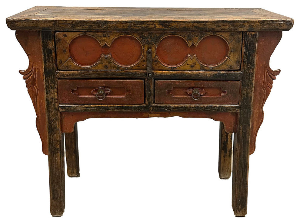 Consigned 19th Century Antique Chinese Carved 3 Drawers Console Table