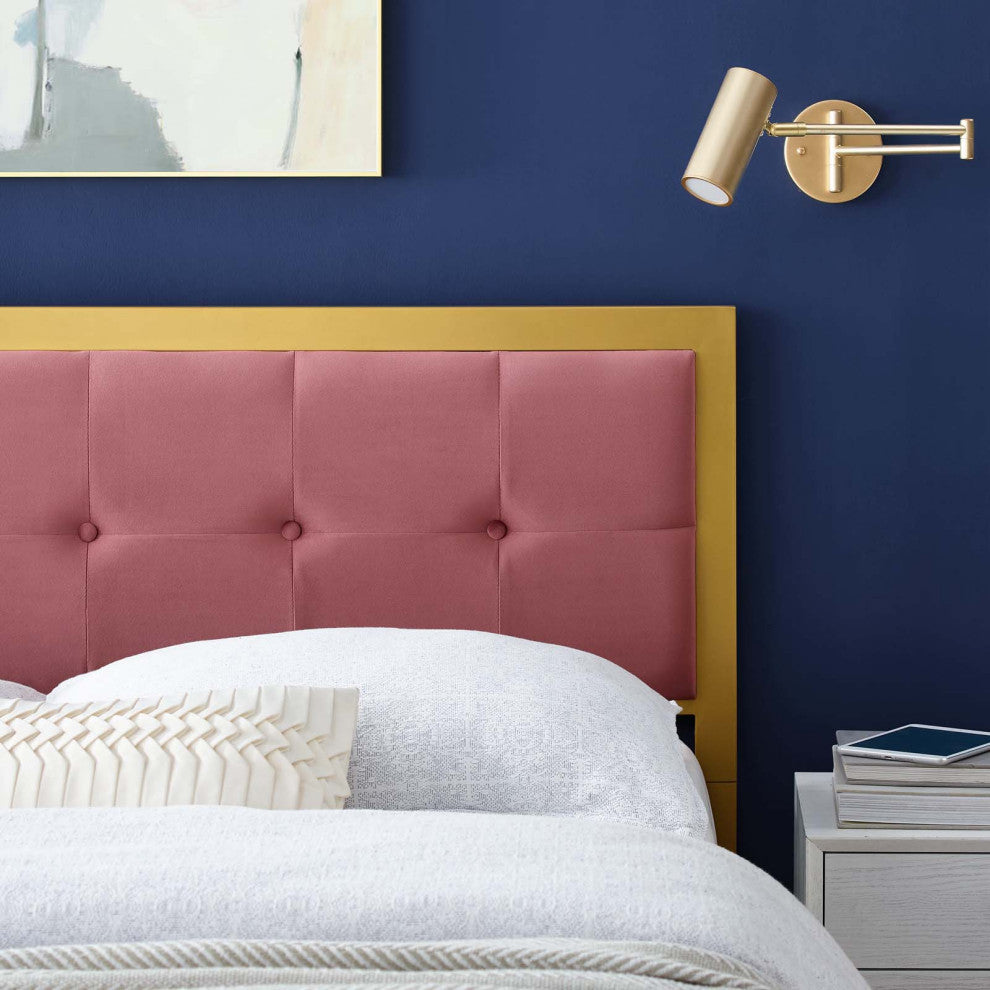 Tufted Headboard, Twin Size, Velvet, Metal Steel, Gold Pink, Modern Contemporary
