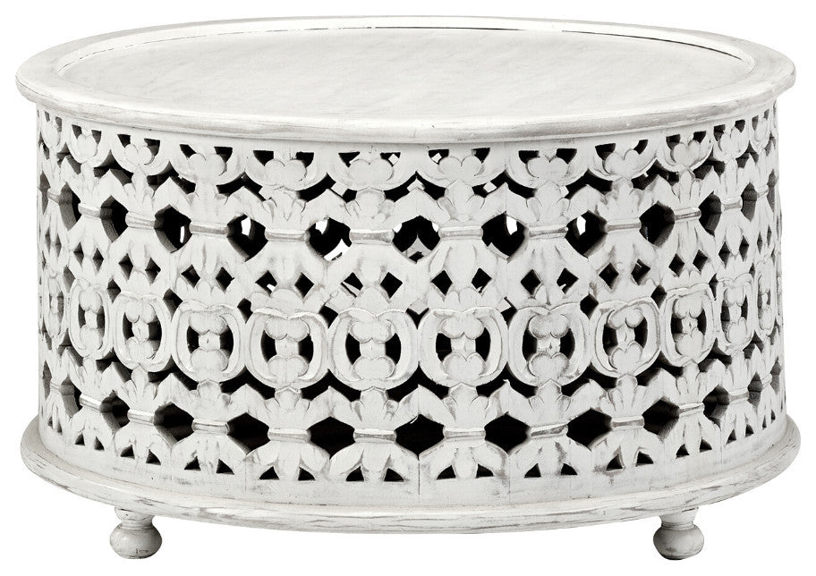 36" Round White Wash Hand Carved Accent Coffee Table