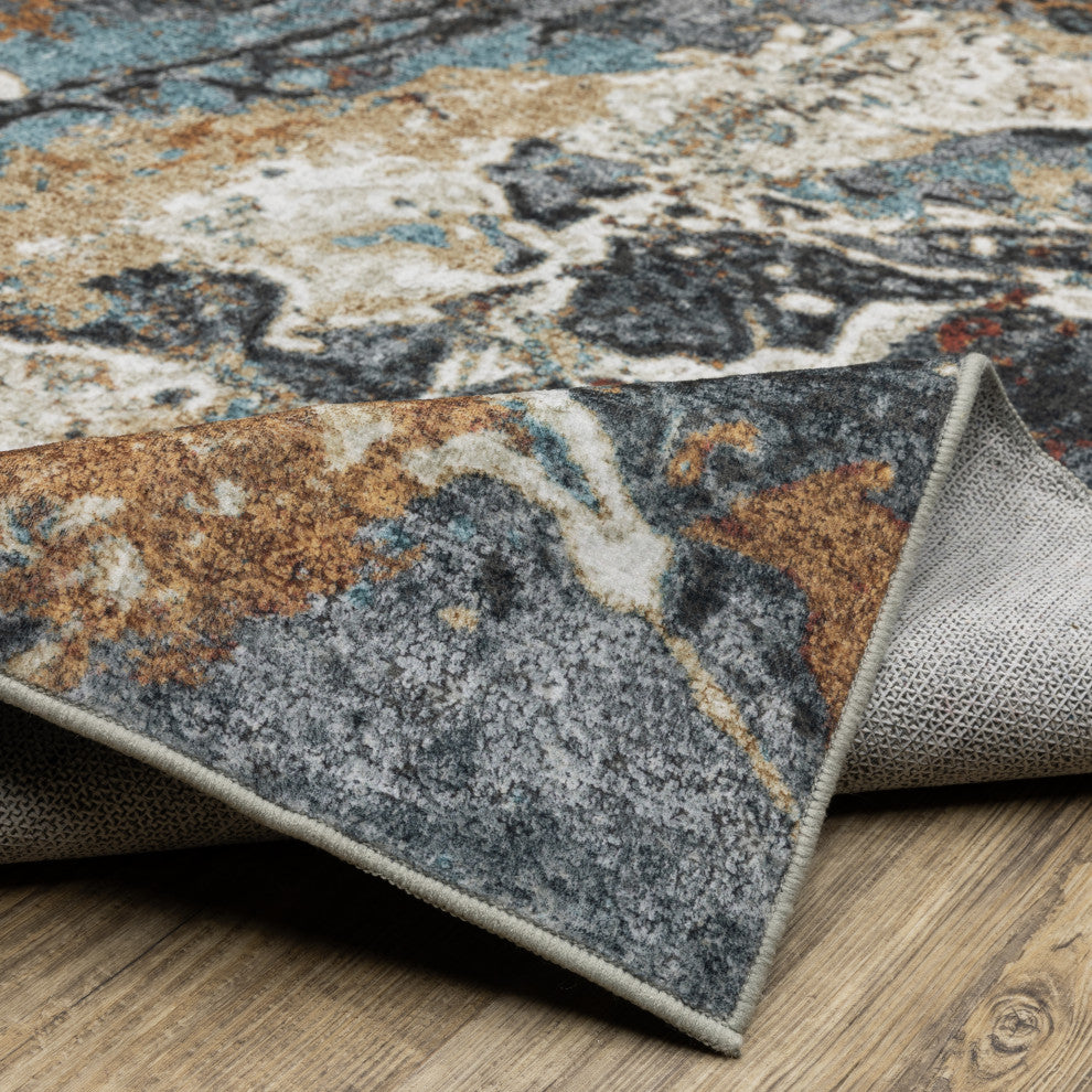 Sasha Abstract Earth Machine Washable Rust/Blue Area Rug Mat 2' x 3'