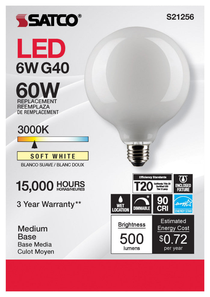 6W G40 LED, White, Medium Base, 90 CRI, 3000K, 120V