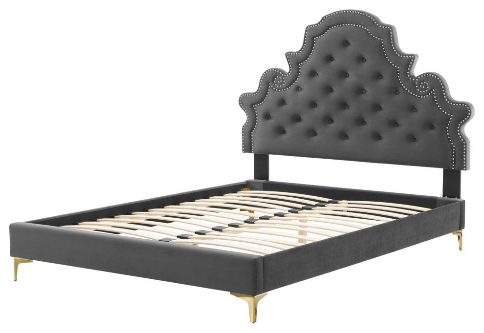 Tufted Platform Bed Frame, Full Size, Velvet, Gray, Modern Contemporary