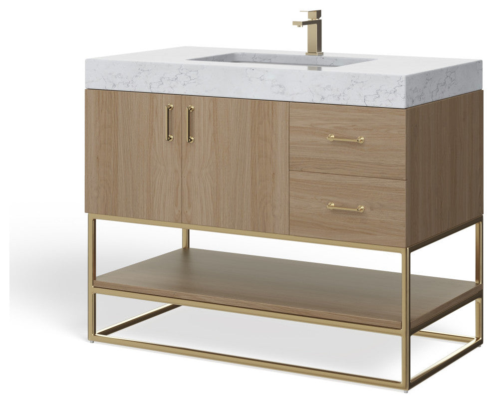 Bahia Bath Vanity, Oak, 42", Brushed Gold Hardware, Single, Freestanding