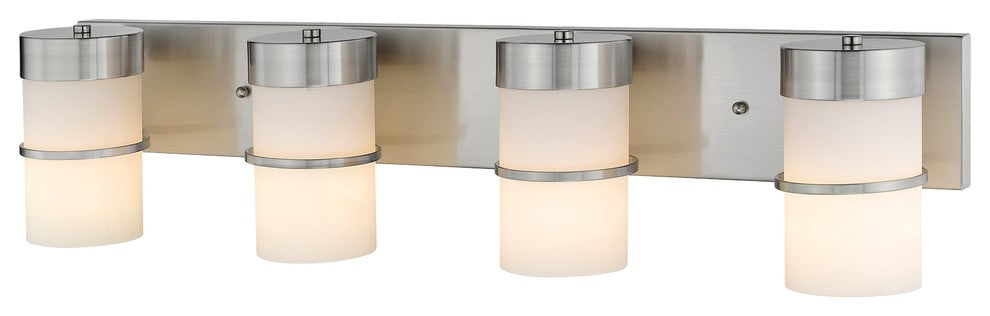 PENELOPE Contemporary 4 Light Brushed Nickel Bath Vanity Light Etched White Glas