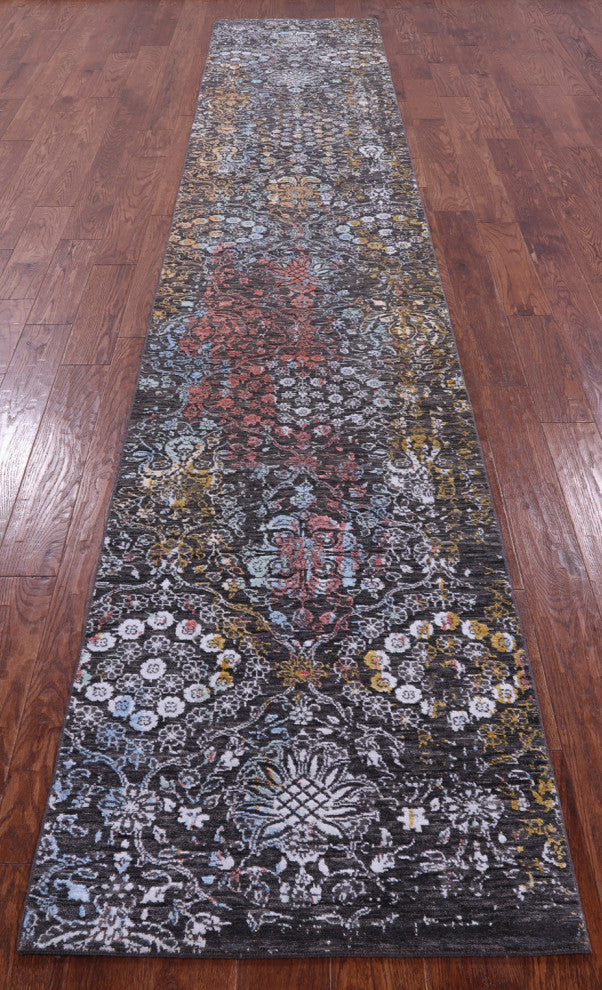 Runner Modern Wool & Silk Handmade Rug 2' 7" X 14' 0" - Q14910