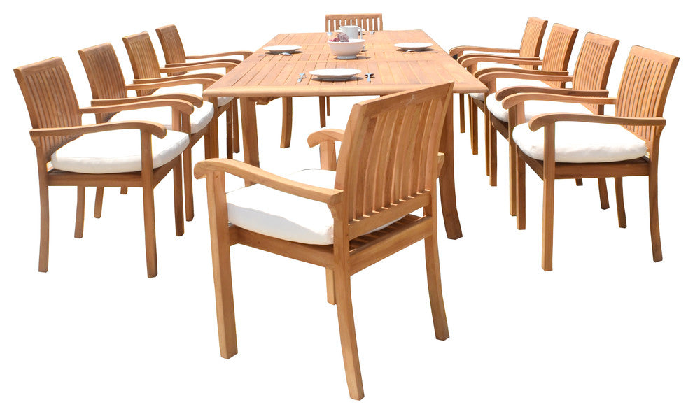 11-Piece Outdoor Teak Dining Set, 94" Rectangle Table, 10 Nain Stacking Chairs