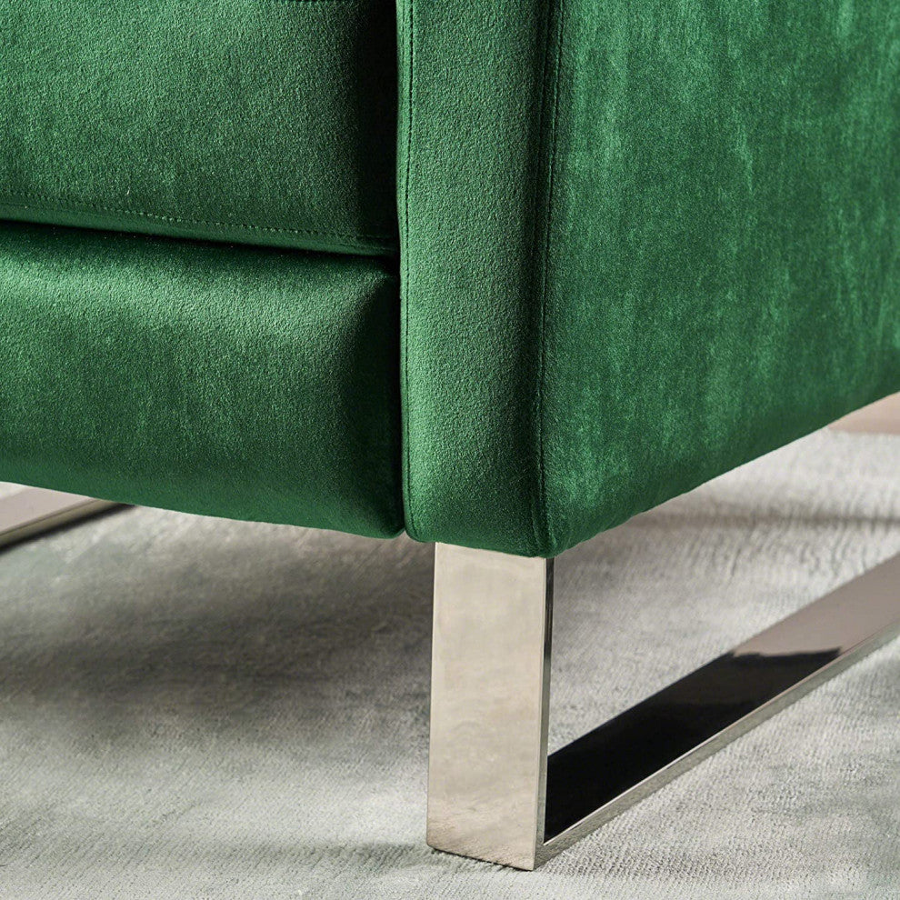 Modern Velvet High Leg Recliner with Stainless Steel Legs, Push-Back Design, Emerald