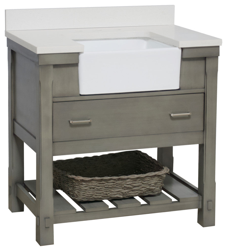 Charlotte 36" Bathroom Vanity, Weathered Gray, Quartz Top