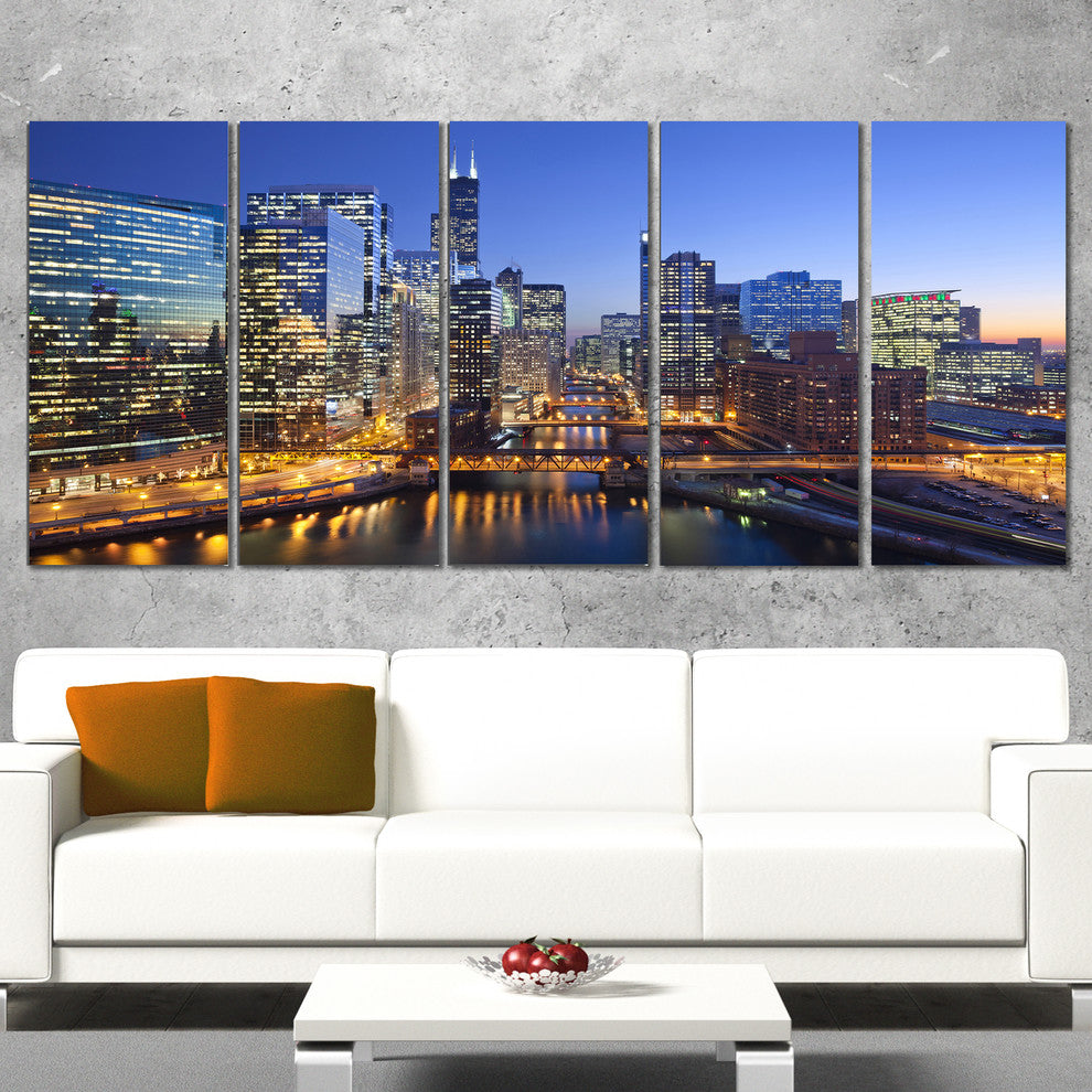 "Chicago River With Bridges at Sunset" Canvas Print60"x28", 5-Panels