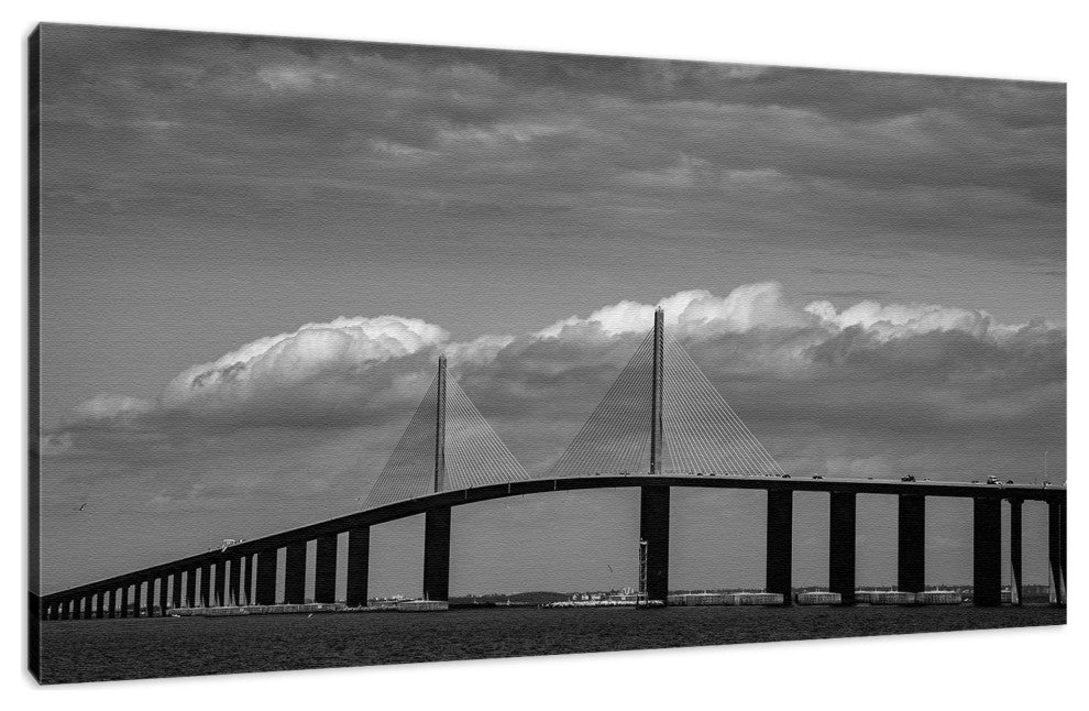 Skyway Bridge Black & White Landscape Photo Canvas Wall Art Print, 24" X 36"