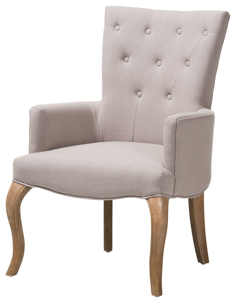 Clotille French Provincial Beige Fabric Upholstered Whitewashed Oak Lounge Chair