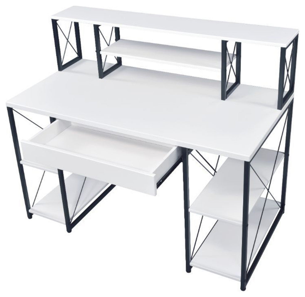 Wooden Writing Desk With Open Shelves, White