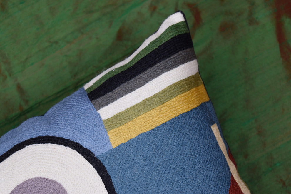 Kandinsky Pillow Cover Composition VI Blue Gray Gold Handembroidered Wool 18x18"