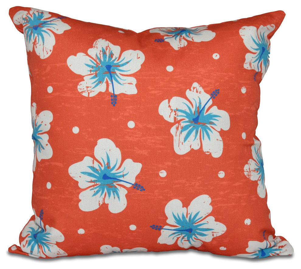 Hibiscus Blooms, Floral Print Outdoor Pillow, Orange, 20"x20"