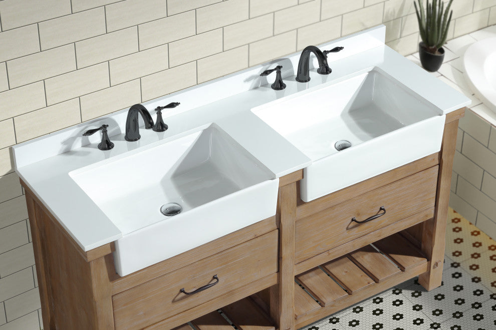 Marina 60" Bathroom Vanity, Weathered Finish, White Engineered Stone