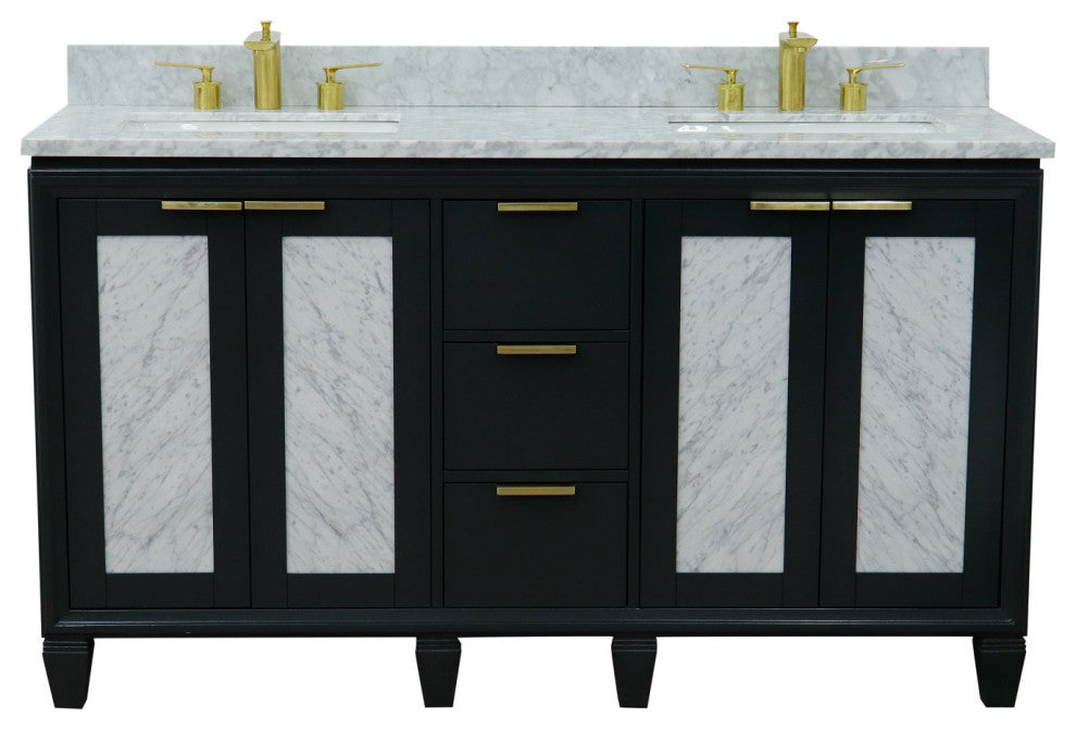 61" Double Sink Vanity, Dark Gray Finish With White Carrara Marble