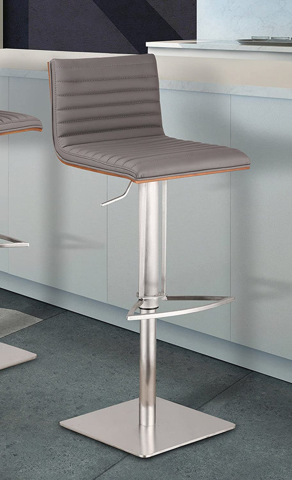 Elegant Bar Stool, Brushed Stainless Steel Base and Tufted PU Leather Seat, Grey