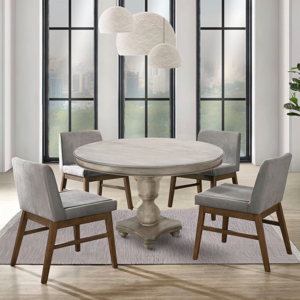 42" Mango Wood Dining Table Round Top Pedestal Base Washed White Gray