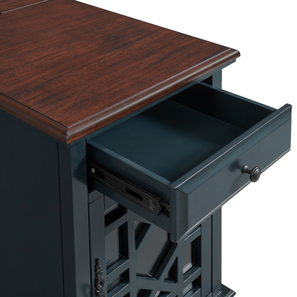 Elegant Chairside Table with Charging Station, Catalina Blue With Walnut Top