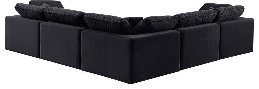 Comfy Upholstered L-Shaped Modular Sectional, Black, 5-Piece: 2 Armless Chair, 3 Corner Chair, Velvet