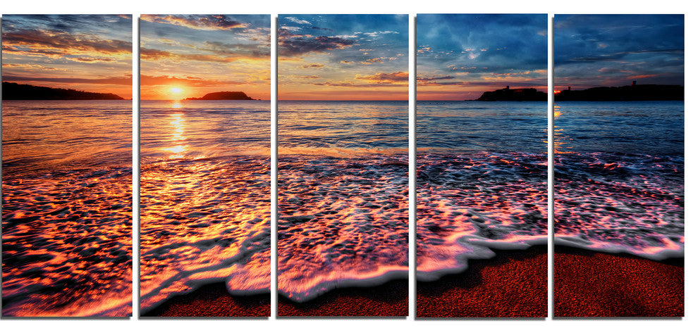 "Peaceful Evening Beach View" Seashore Canvas Wall Art, 5 Panels, 60"x28"