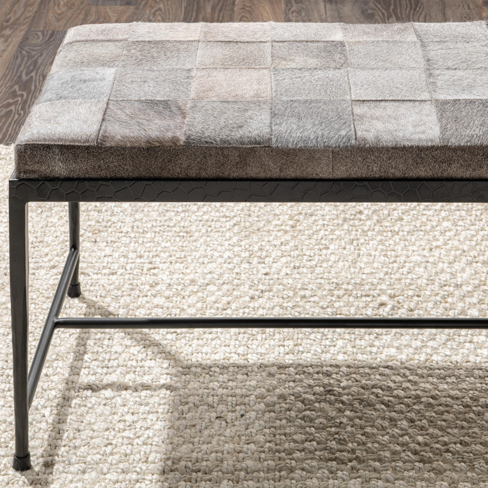 Achen Leather Hide Ottoman Bench by Kosas Home , Gray, 60"