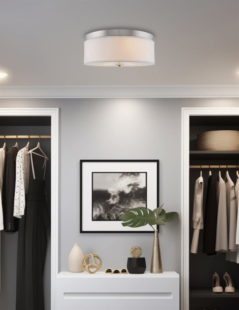 Kira Home Walker 15" Flush Mount Ceiling Light, White Fabric Shade, Round Glass