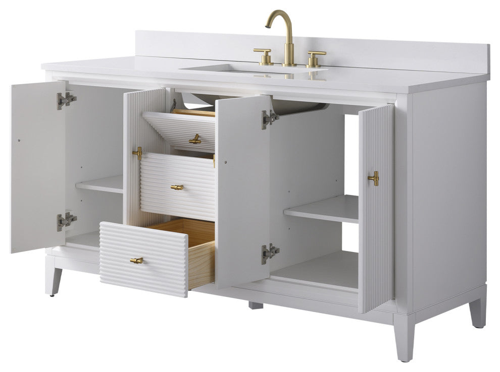 Vanity Art Bathroom Vanity with Engineered Marble Top and Sink, White, 60", Golden Brushed