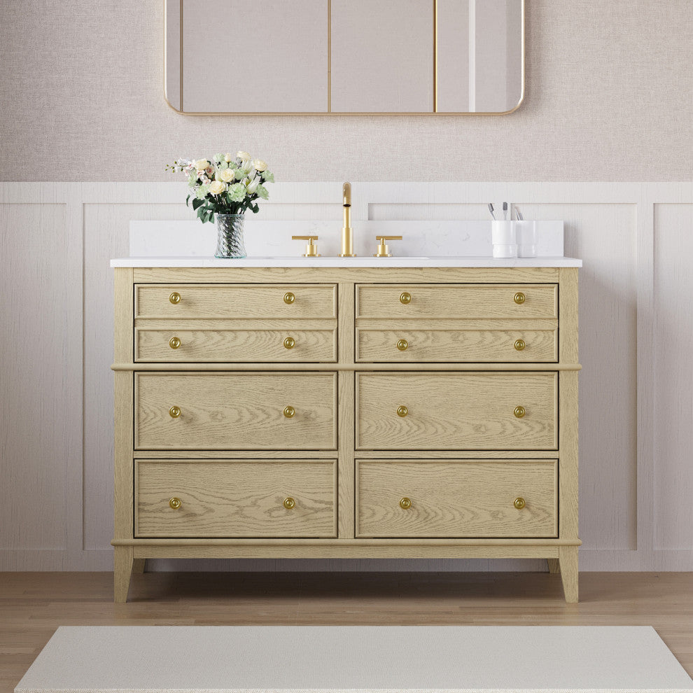 Oak Solid Wood Bath Vanity with White Quartz Top, Soft-Close, CUPC Certified, 48"