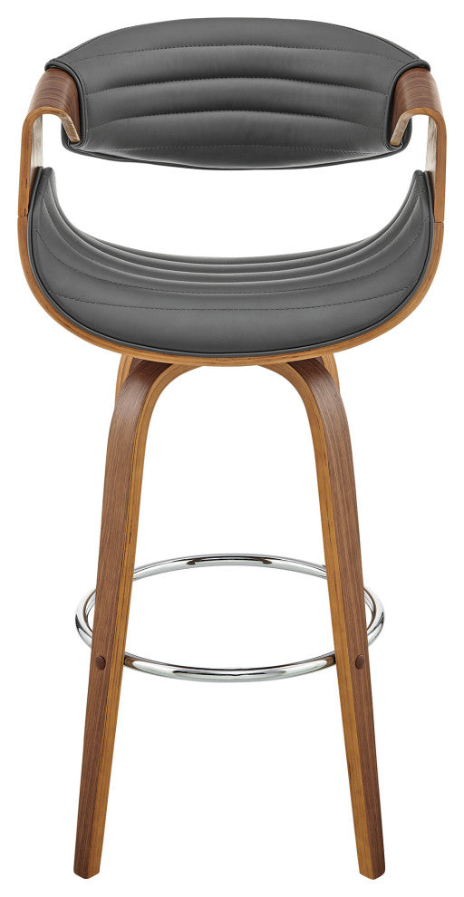 Arya Swivel Bar Stool, Faux Leather and Wood, Gray and Walnut, 30"