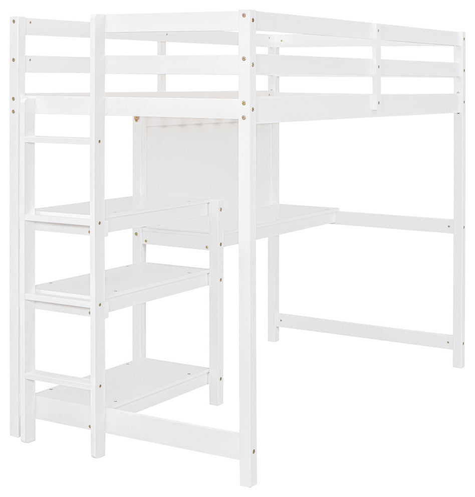Gewnee Twin Size Wooden Loft Bed with Shelves in White