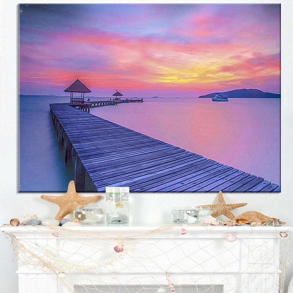 "Purple Tinged Wood Bridge and Beach" Sea Pier and Bridge Wall Art, 40"x20"