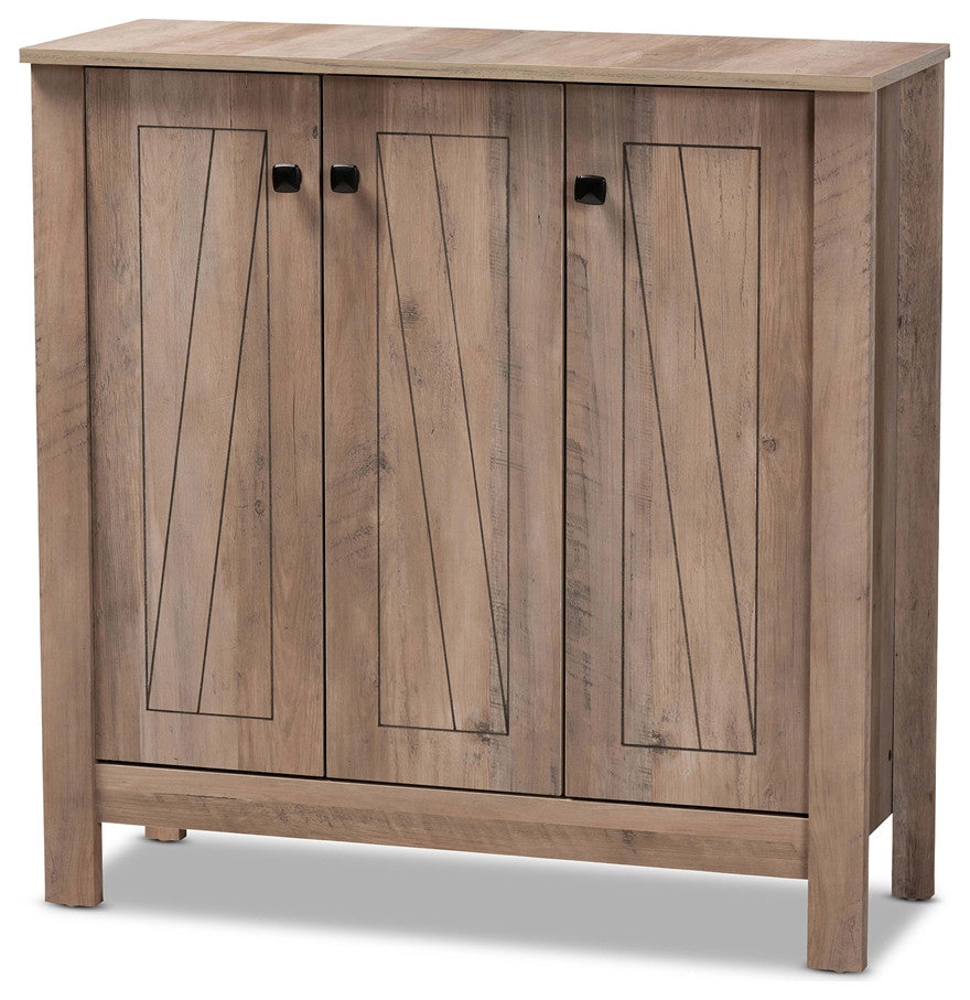 Modern and Contemporary Natural Oak Finished Wood 3-Door Shoe Cabinet