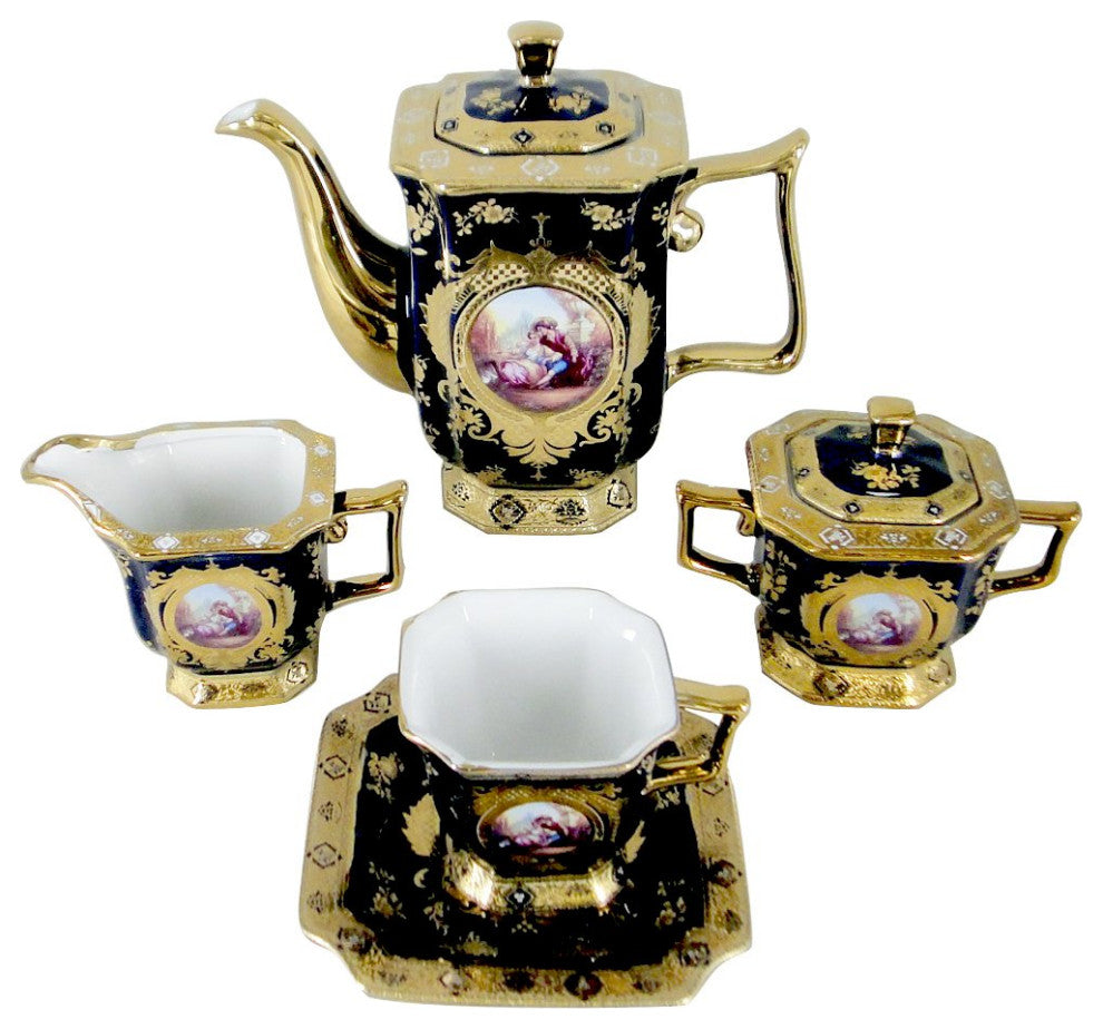 Royalty Porcelain Tea Set 17pc With 24K Gold ''Second Date'' Limoges China, Blue