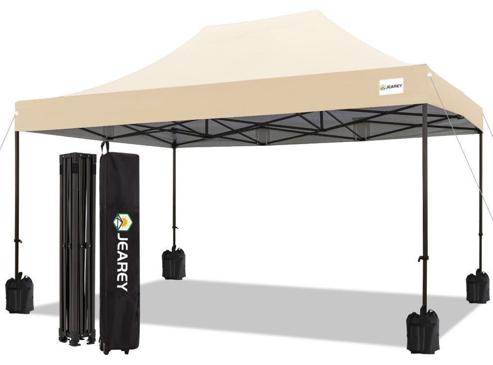 JEAREY Pop Up Canopy Tent, Outdoor Canopy, 4 Sand Bags, Beige, 10x15ft