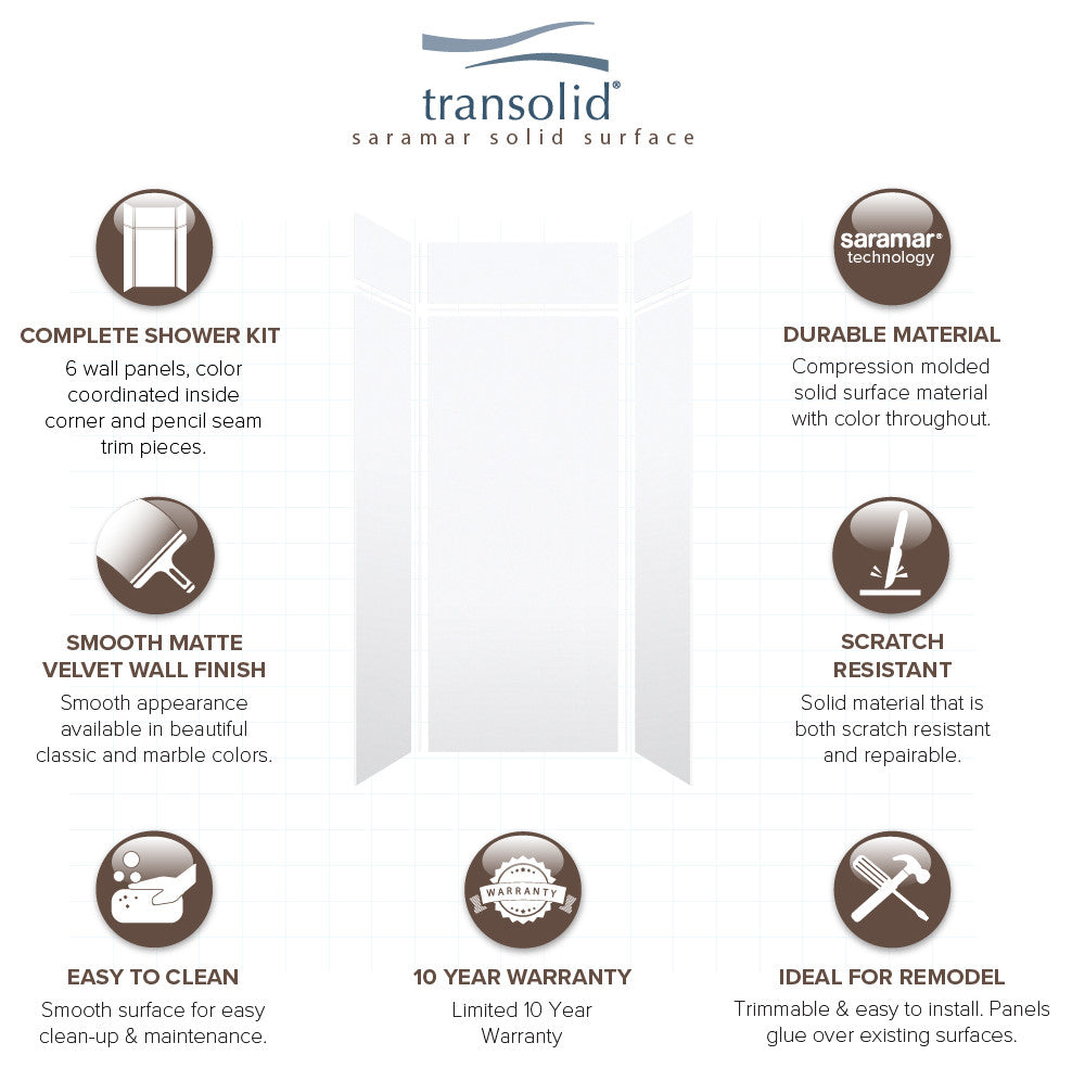 Transolid SaraMar 36"x36"x96" 6-Piece Shower Wall Kit, White Velvet